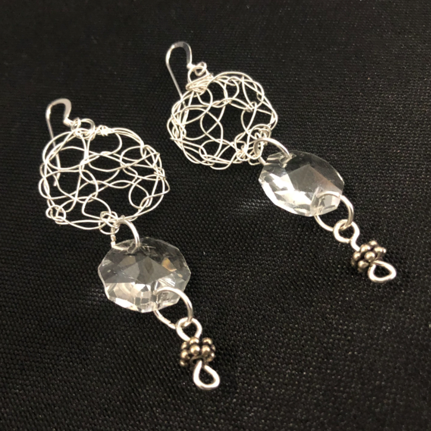Earrings sterling silver wire crochet with clear crystal